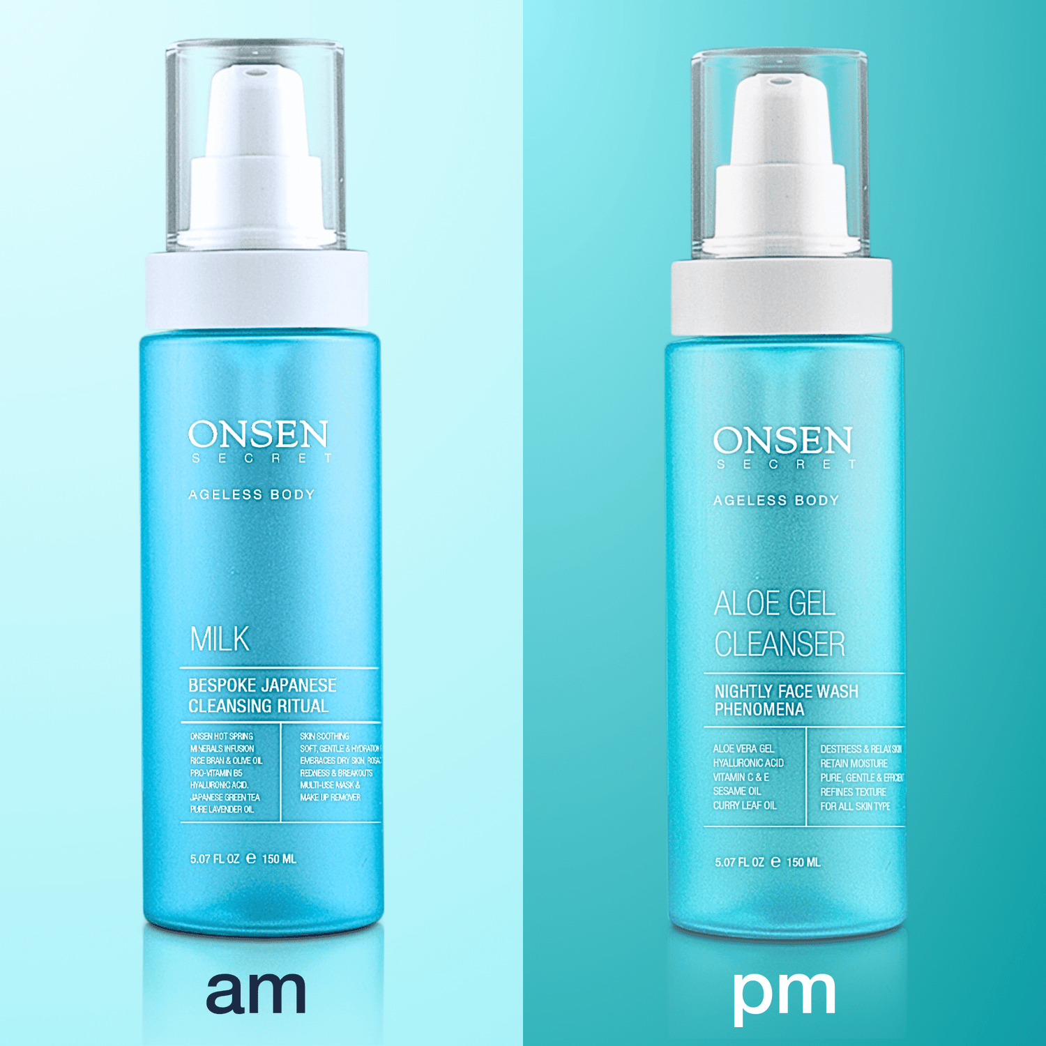 Two bottles of ONSEN brand skincare products, one labeled &