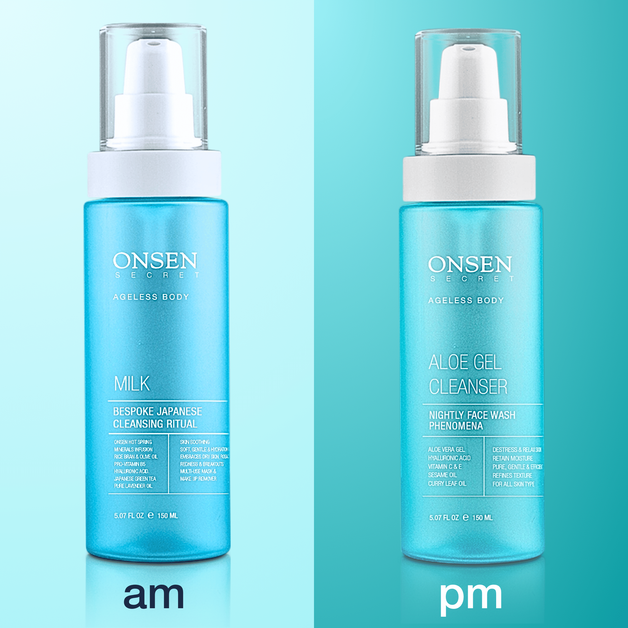 Two bottles of ONSEN brand skincare products, one labeled &