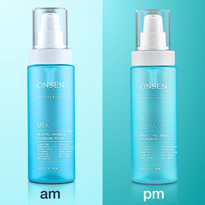 Two bottles of ONSEN brand skincare products, one labeled &