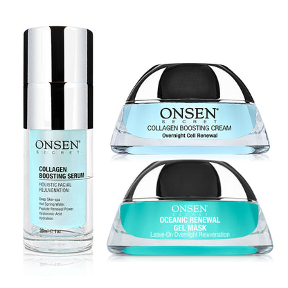 A set of three skincare products by ONSEN, including a collagen boosting serum, a collagen boosting cream, and an oceanic renewal gel mask.