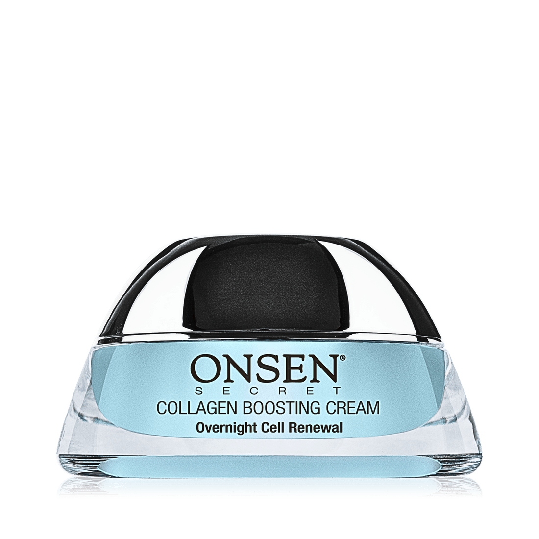 A jar of ONSEN Secret Collagen Boosting Cream with a clear blue label, indicating it&