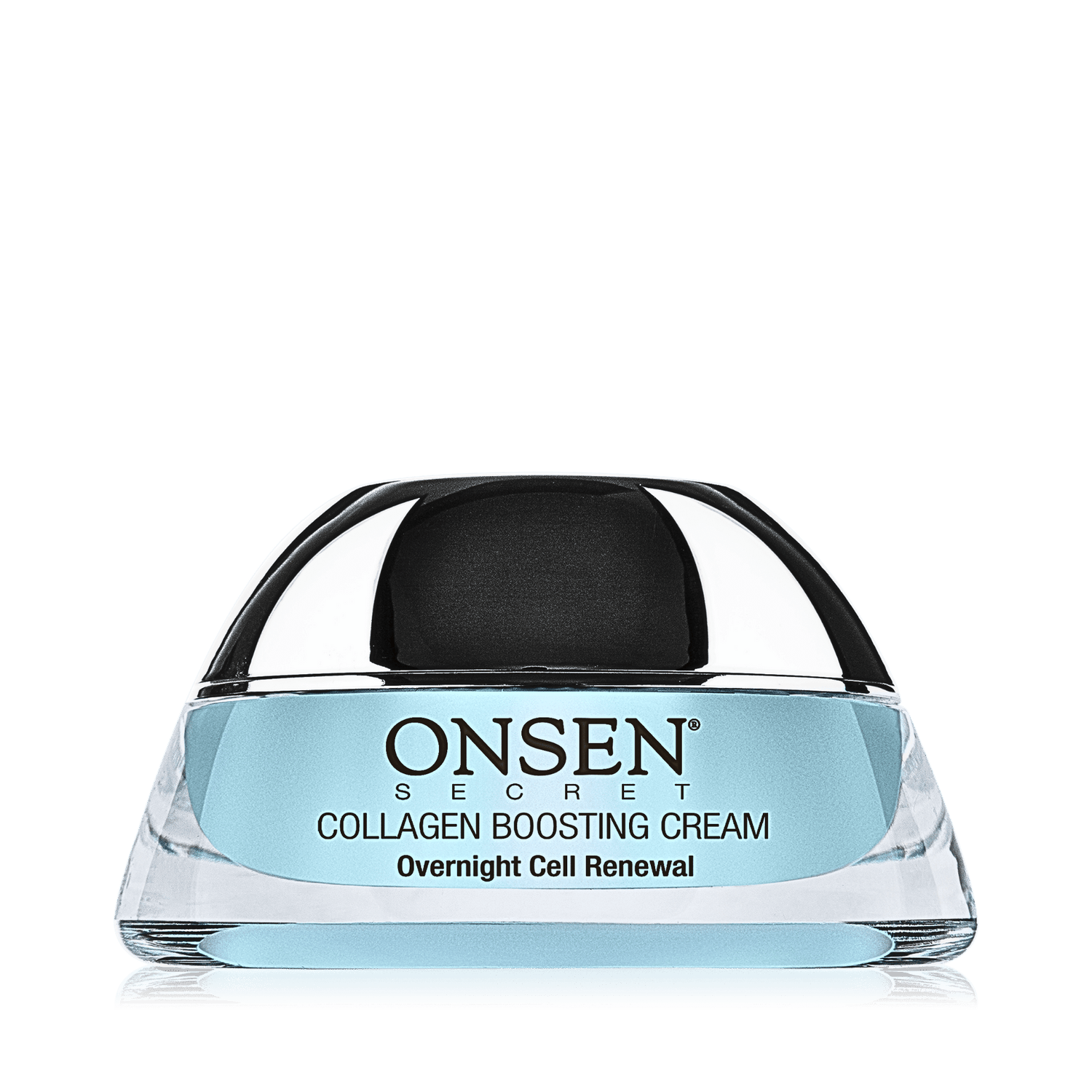 A jar of ONSEN Secret Collagen Boosting Cream with a clear blue label, indicating it&