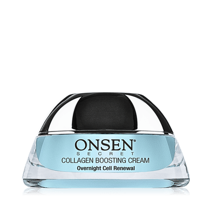 A jar of ONSEN Secret Collagen Boosting Cream with a clear blue label, indicating it&