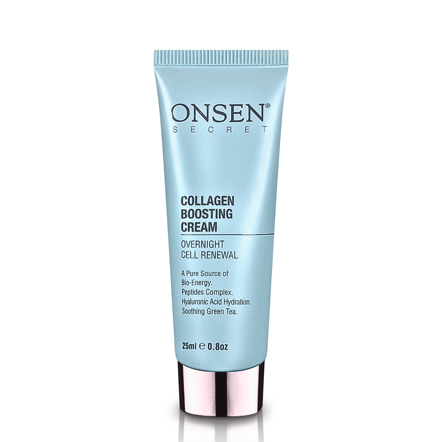 A jar of ONSEN Secret Collagen Boosting Cream with a clear blue label, indicating it&