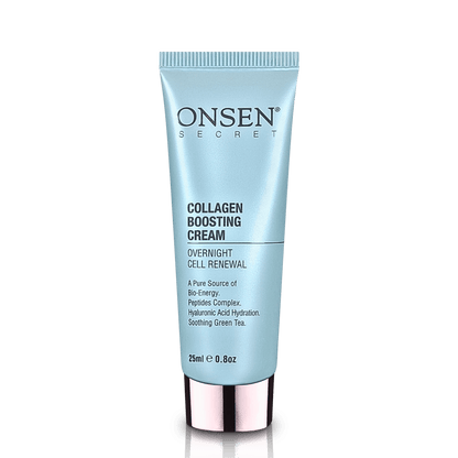 A jar of ONSEN Secret Collagen Boosting Cream with a clear blue label, indicating it&