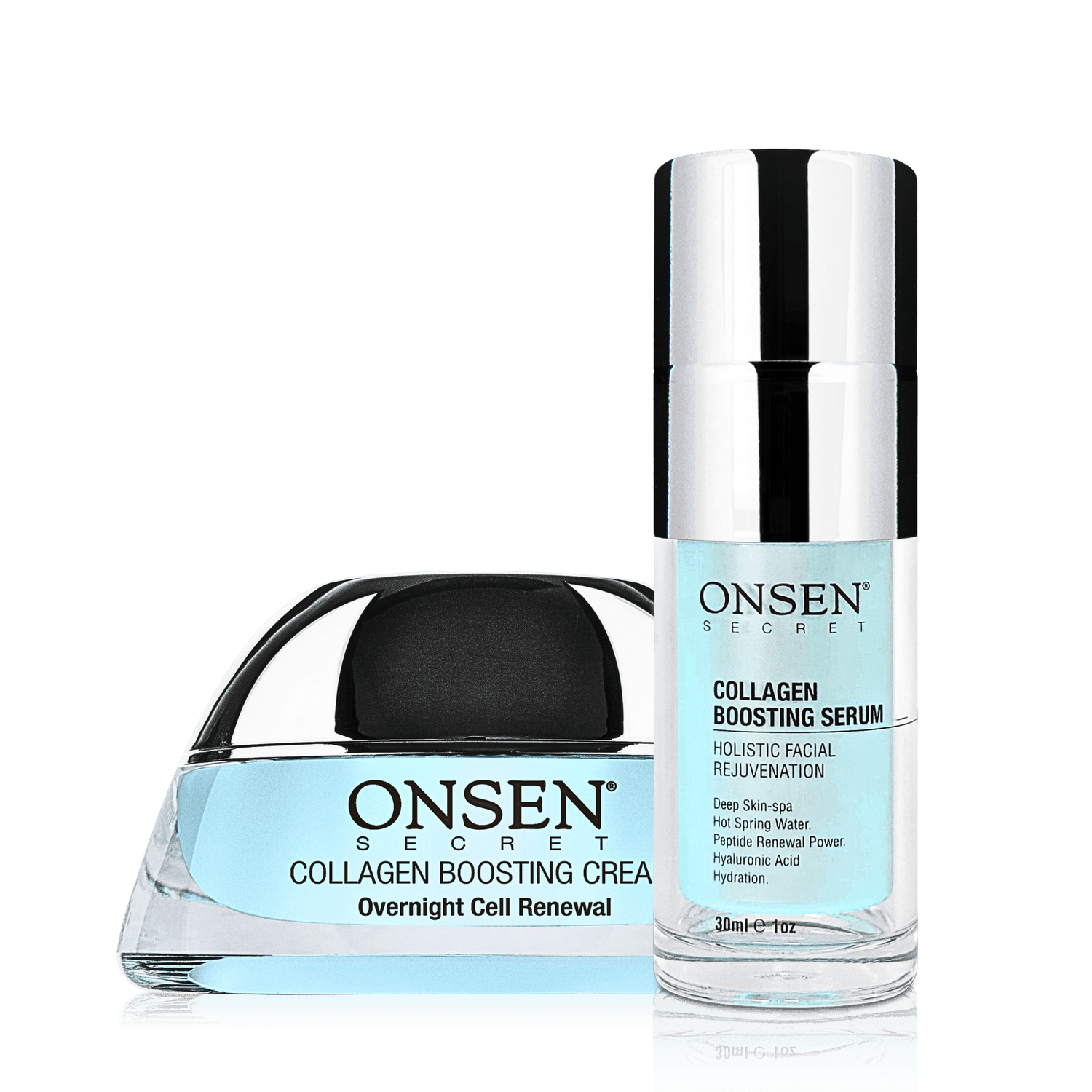 A skincare product duo consisting of a collagen boosting cream and a collagen boosting serum, with packaging in blue and white colors.