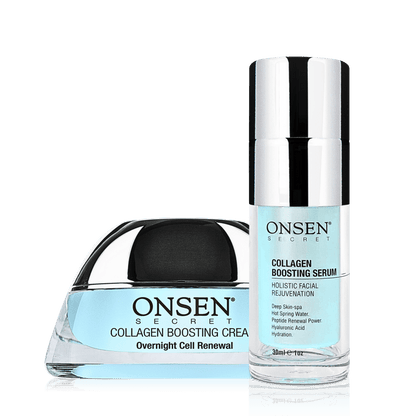A skincare product duo consisting of a collagen boosting cream and a collagen boosting serum, with packaging in blue and white colors.