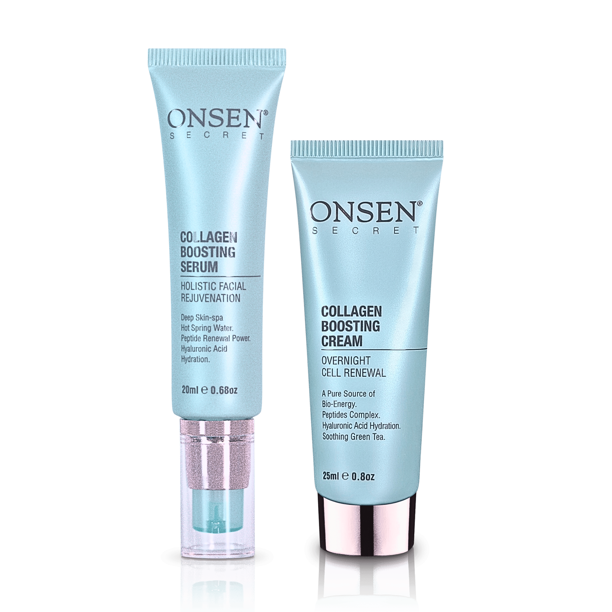 A skincare product duo consisting of a collagen boosting cream and a collagen boosting serum, with packaging in blue and white colors.