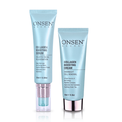 A skincare product duo consisting of a collagen boosting cream and a collagen boosting serum, with packaging in blue and white colors.