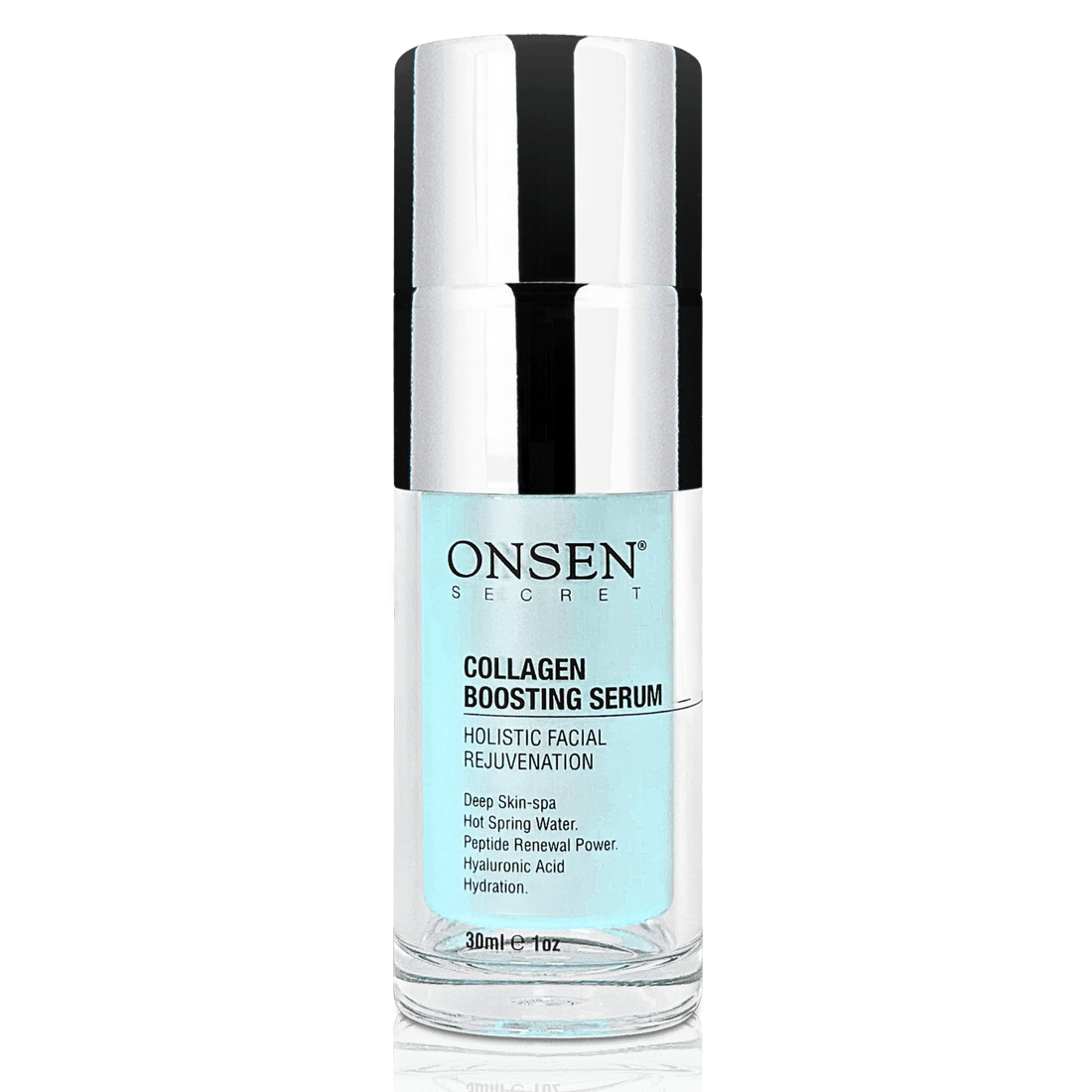 A bottle of Onsen Secret Collagen Boosting Serum with a white cap and label.