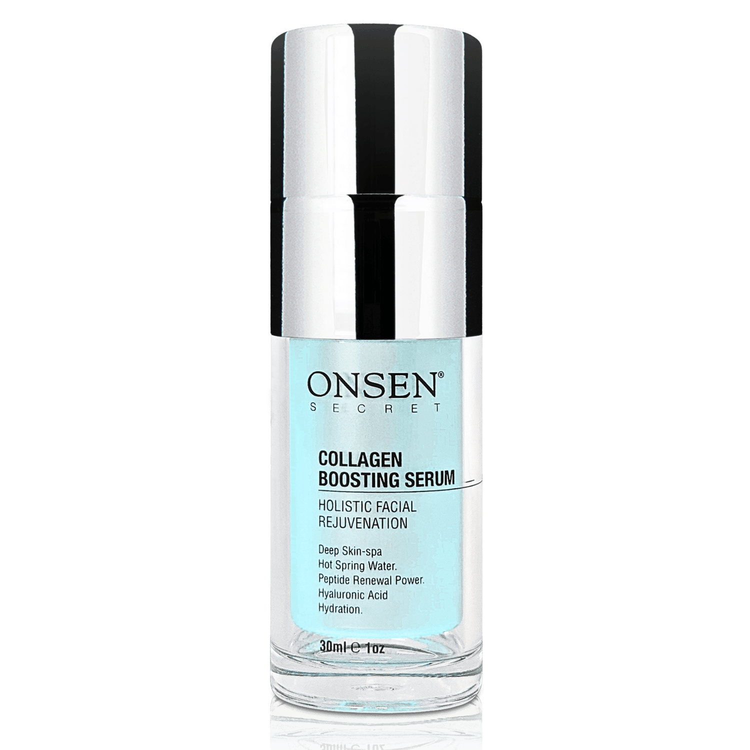 A bottle of Onsen Secret Collagen Boosting Serum with a white cap and label.