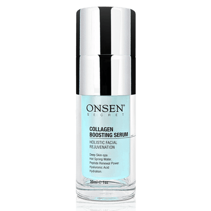 A bottle of Onsen Secret Collagen Boosting Serum with a white cap and label.