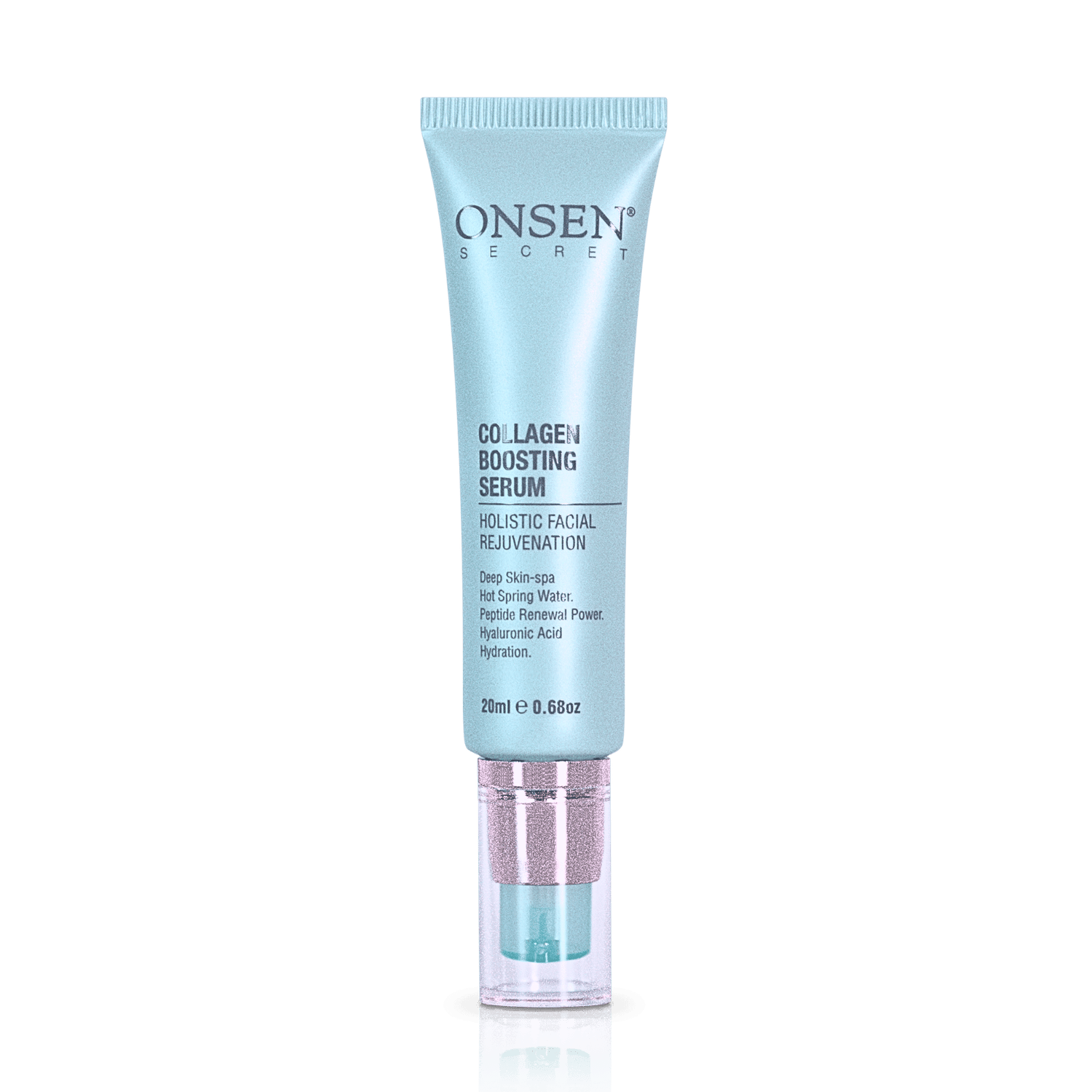 A bottle of Onsen Secret Collagen Boosting Serum with a white cap and label.