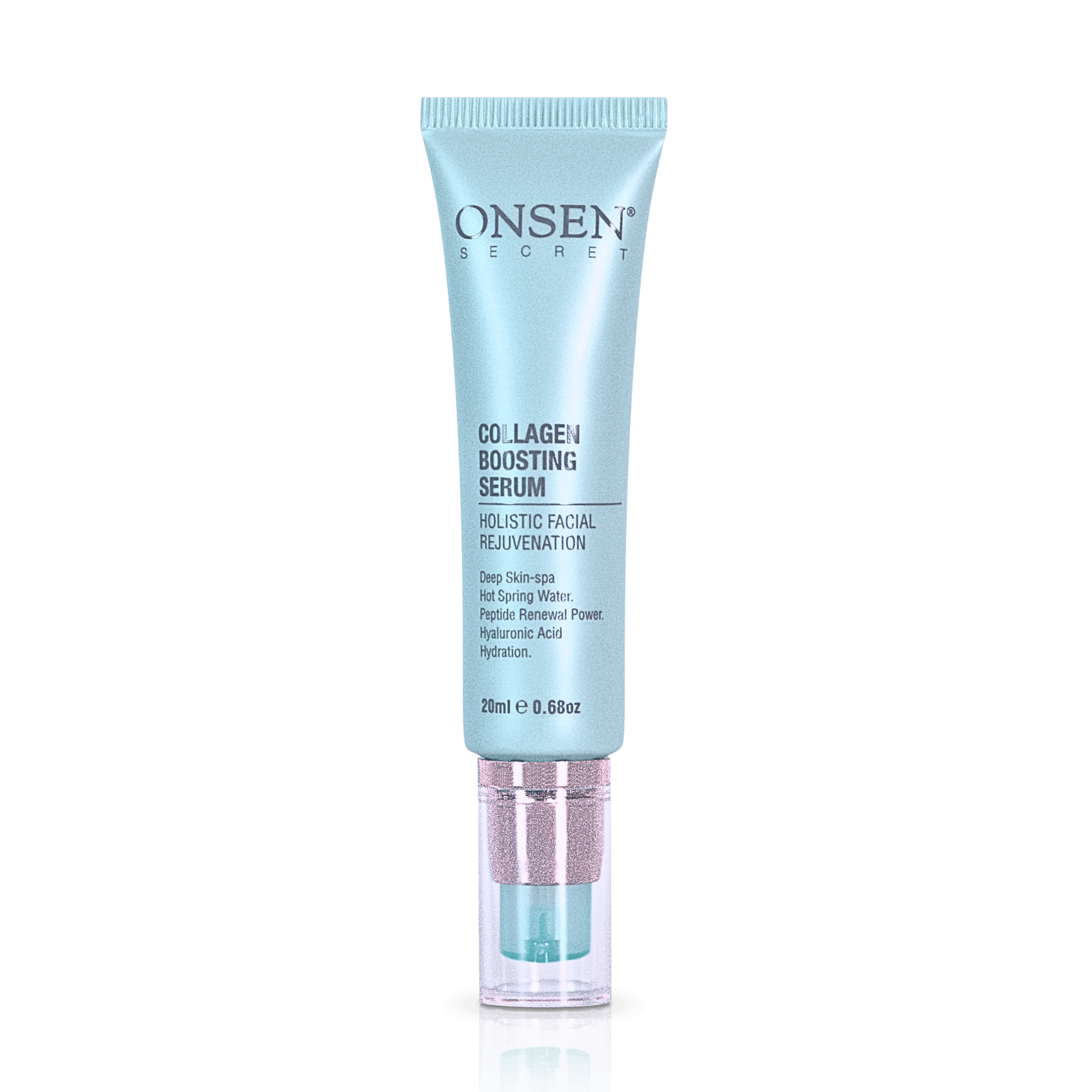 A bottle of Onsen Secret Collagen Boosting Serum with a white cap and label.