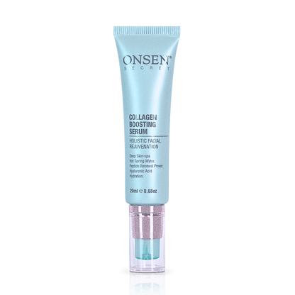 A bottle of Onsen Secret Collagen Boosting Serum with a white cap and label.