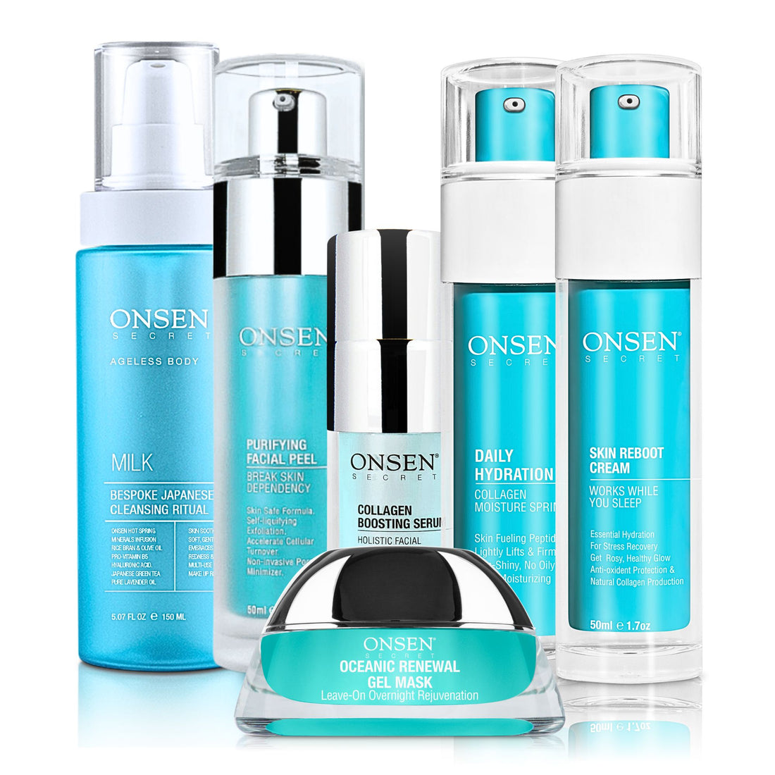 A collection of Onsen branded skincare products including cleansers, peels, serums, moisturizer, and masks displayed against a white background.