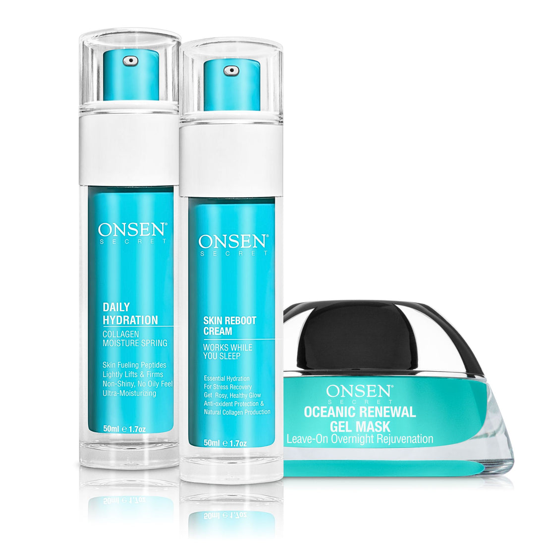 A skincare kit by ONSEN, including bottles of daily hydration moisturizer and skin reboot cream, and a gel mask container.
