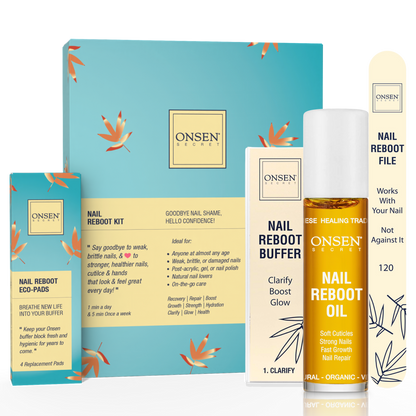 A collection of nail care products by ONSEN, including Nail Reboot Oil, a 3-Way Shining Buffer Block, Replacement Buffing Pads, and a Nail Reboot File, displayed against a blue background with leaf patterns.