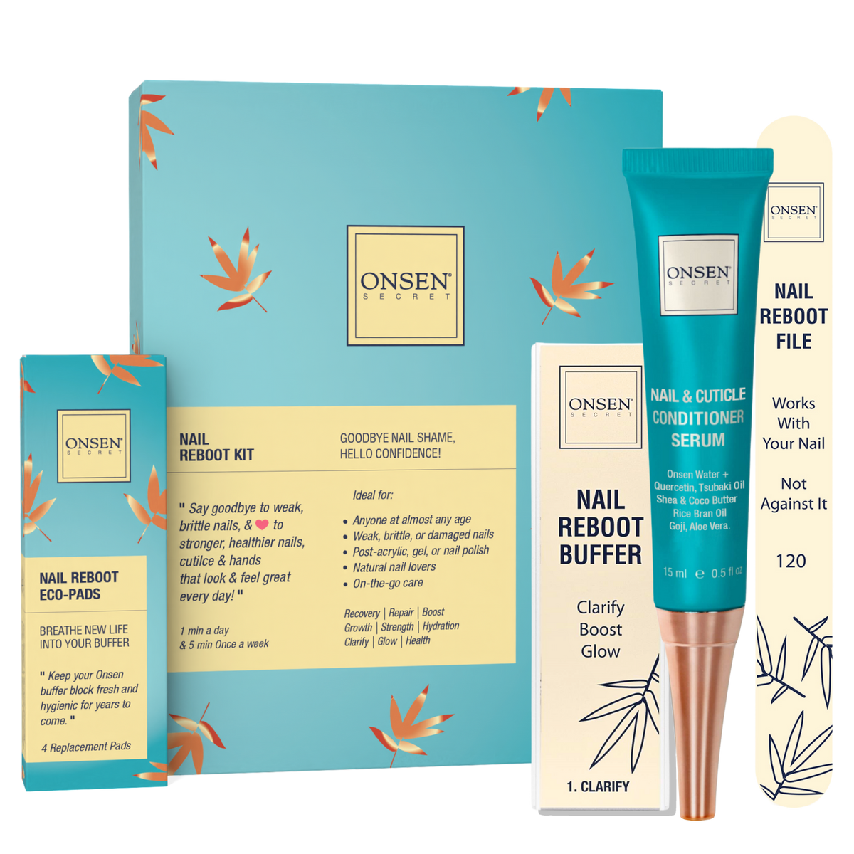 A collection of nail care products from ONSEN, including a nail reboot kit with a blue and orange design, a serum bottle, a buffer block, and a replacement pads kit.