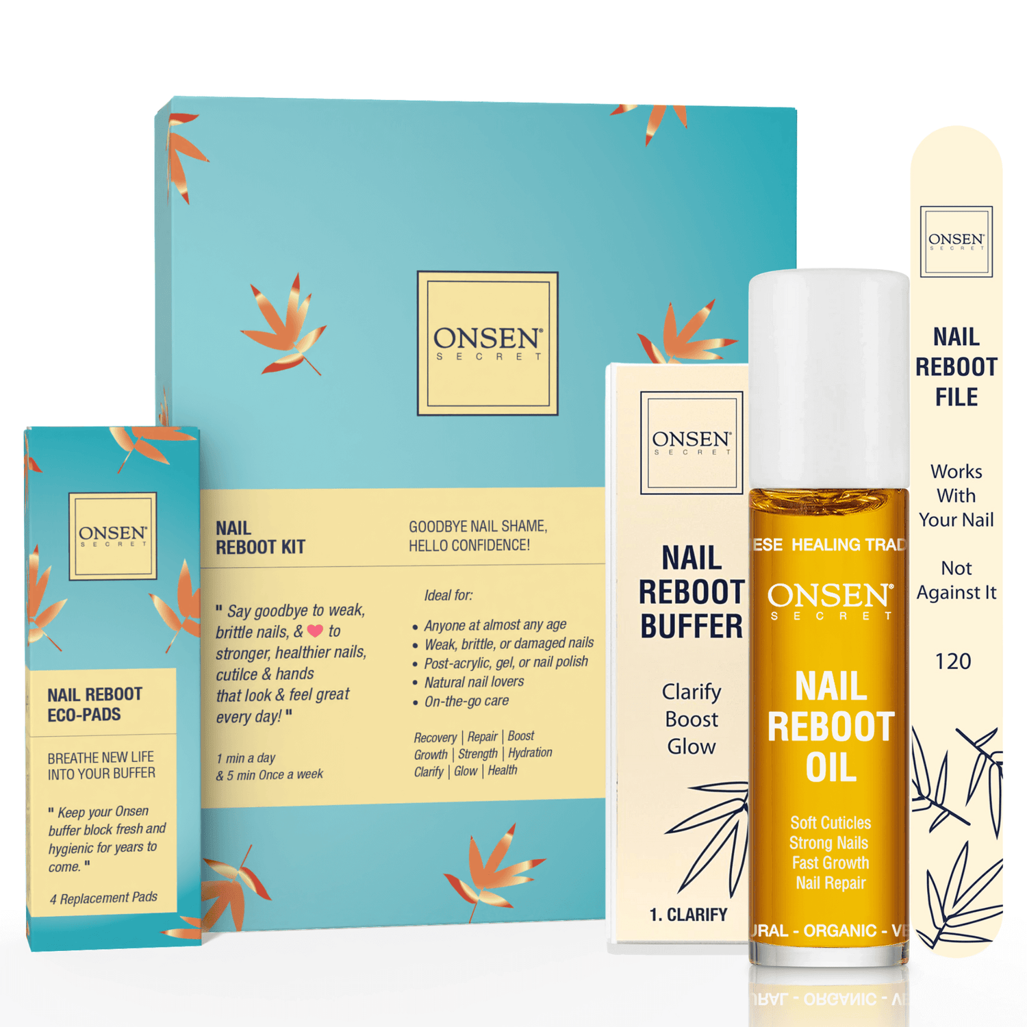 A collection of nail care products by ONSEN, including Nail Reboot Oil, a 3-Way Shining Buffer Block, Replacement Buffing Pads, and a Nail Reboot File, displayed against a blue background with leaf patterns.