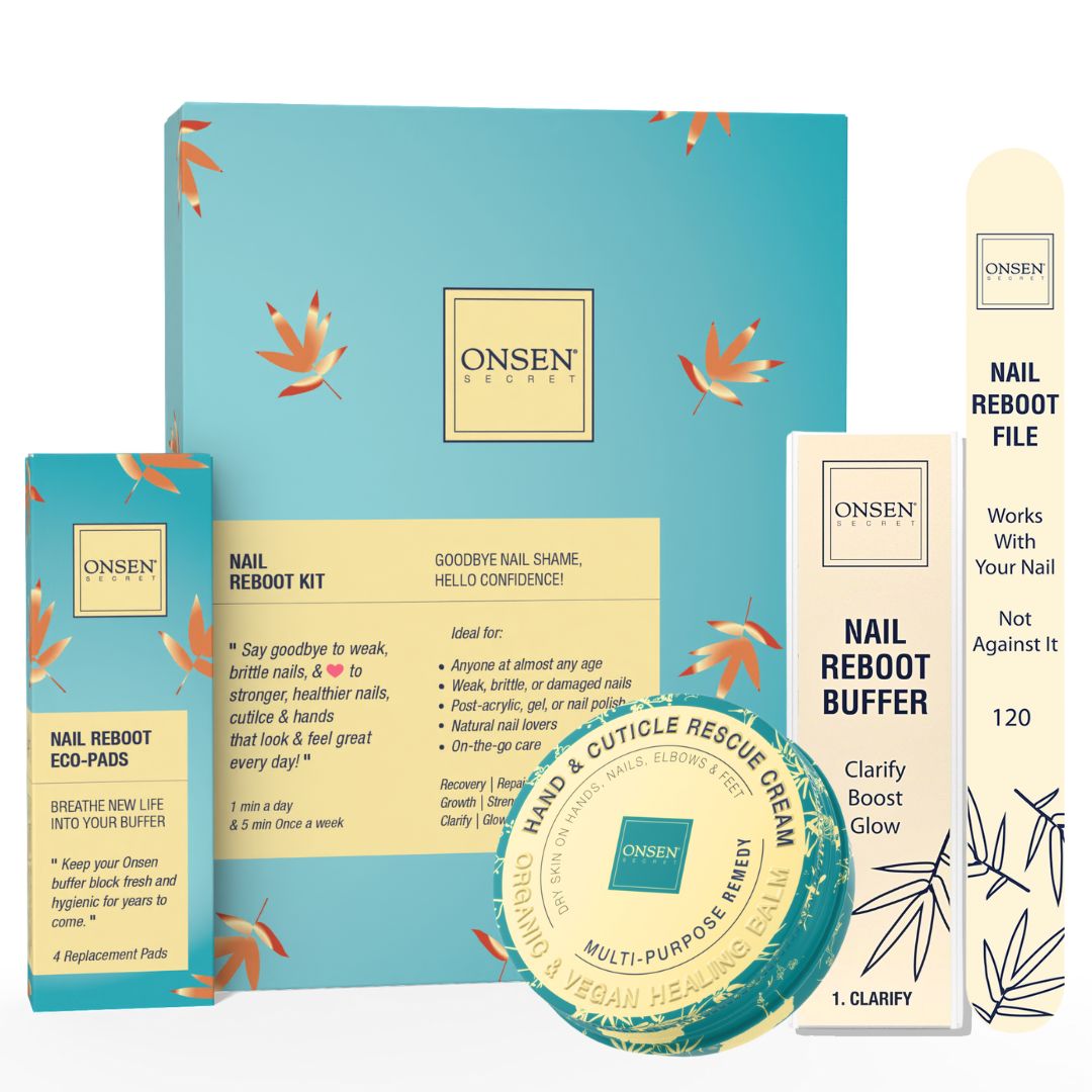 Onsen Secret nail care product set including a box, buffer, and other items on a white background.