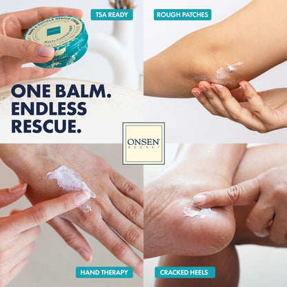 Onsen Secret balm packaging with application on hands and feet, labeled &