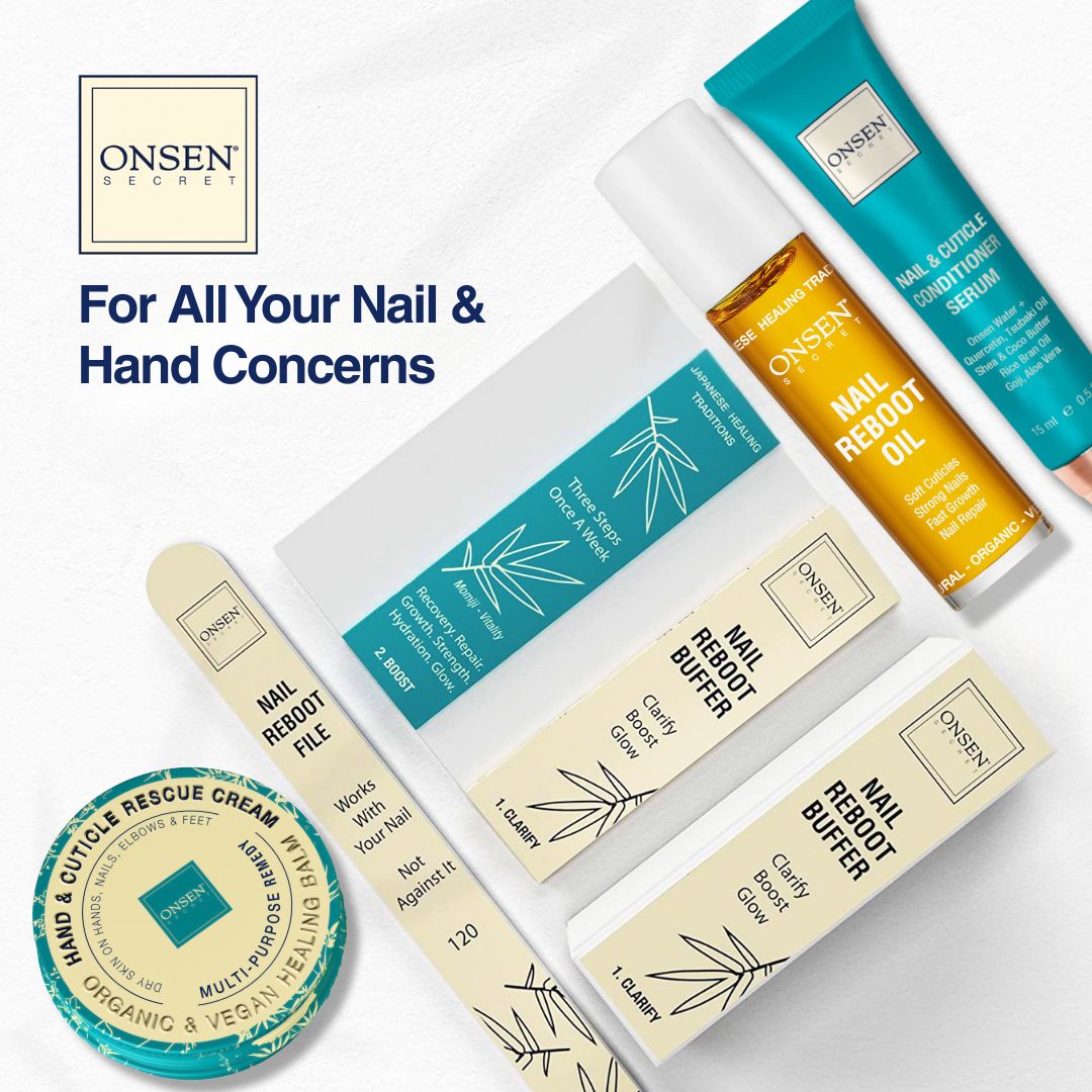 Onsen Secret nail and hand care products on a white background