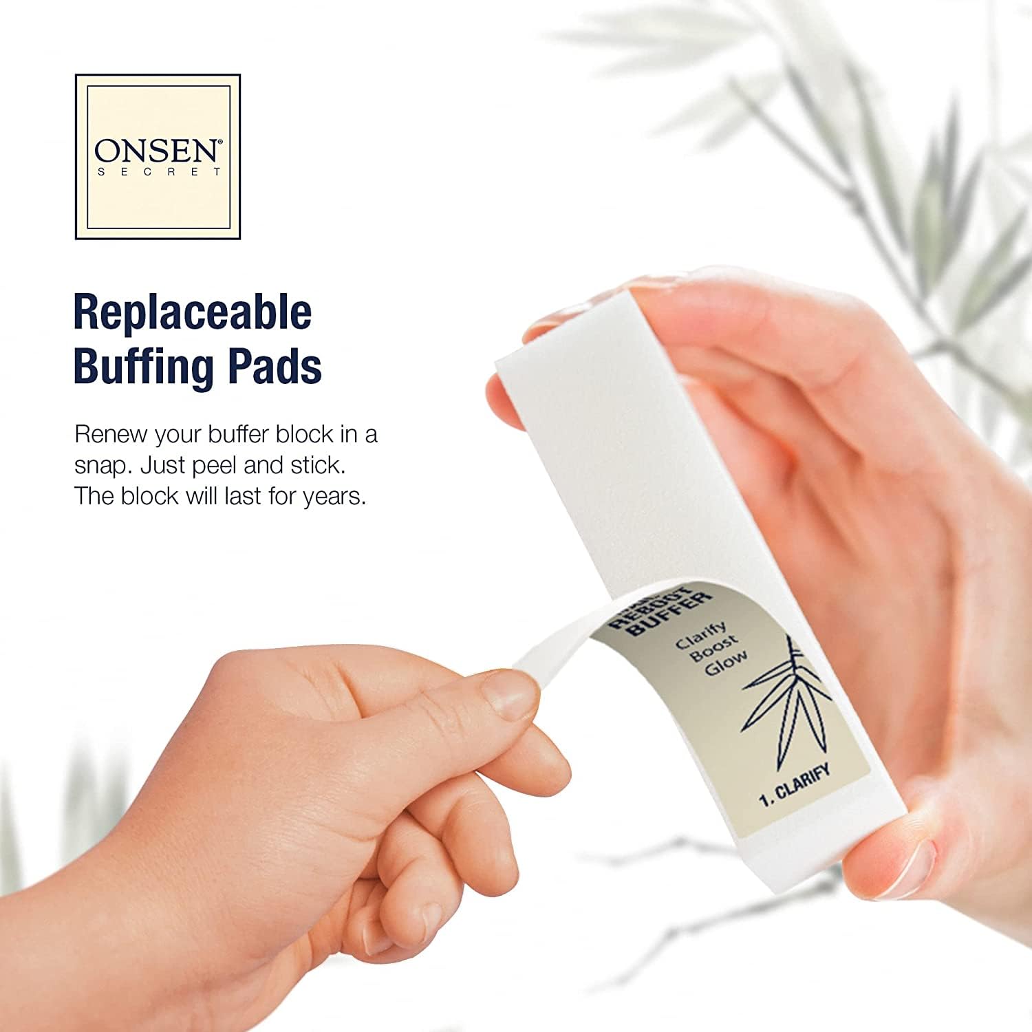 Onsen Secret replaceable buffing pad with hands holding it against a light background