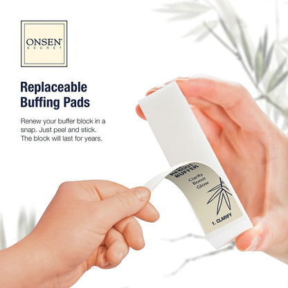 Onsen Secret replaceable buffing pad with hands holding it against a light background