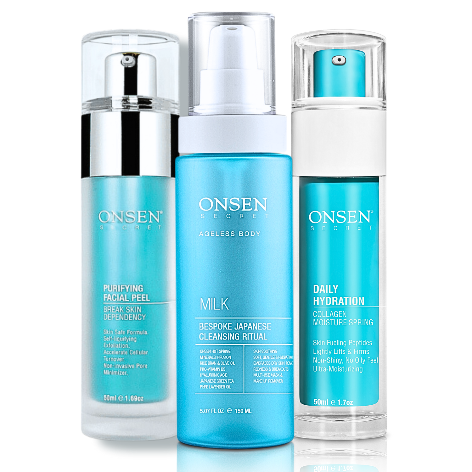 A set of three skin care products from Onsen Secret, including a daily hydration moisturizer, purifying facial peel, and aloe gel cleanser.