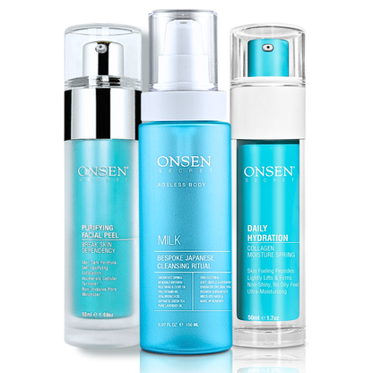 A set of three skin care products from Onsen Secret, including a daily hydration moisturizer, purifying facial peel, and aloe gel cleanser.