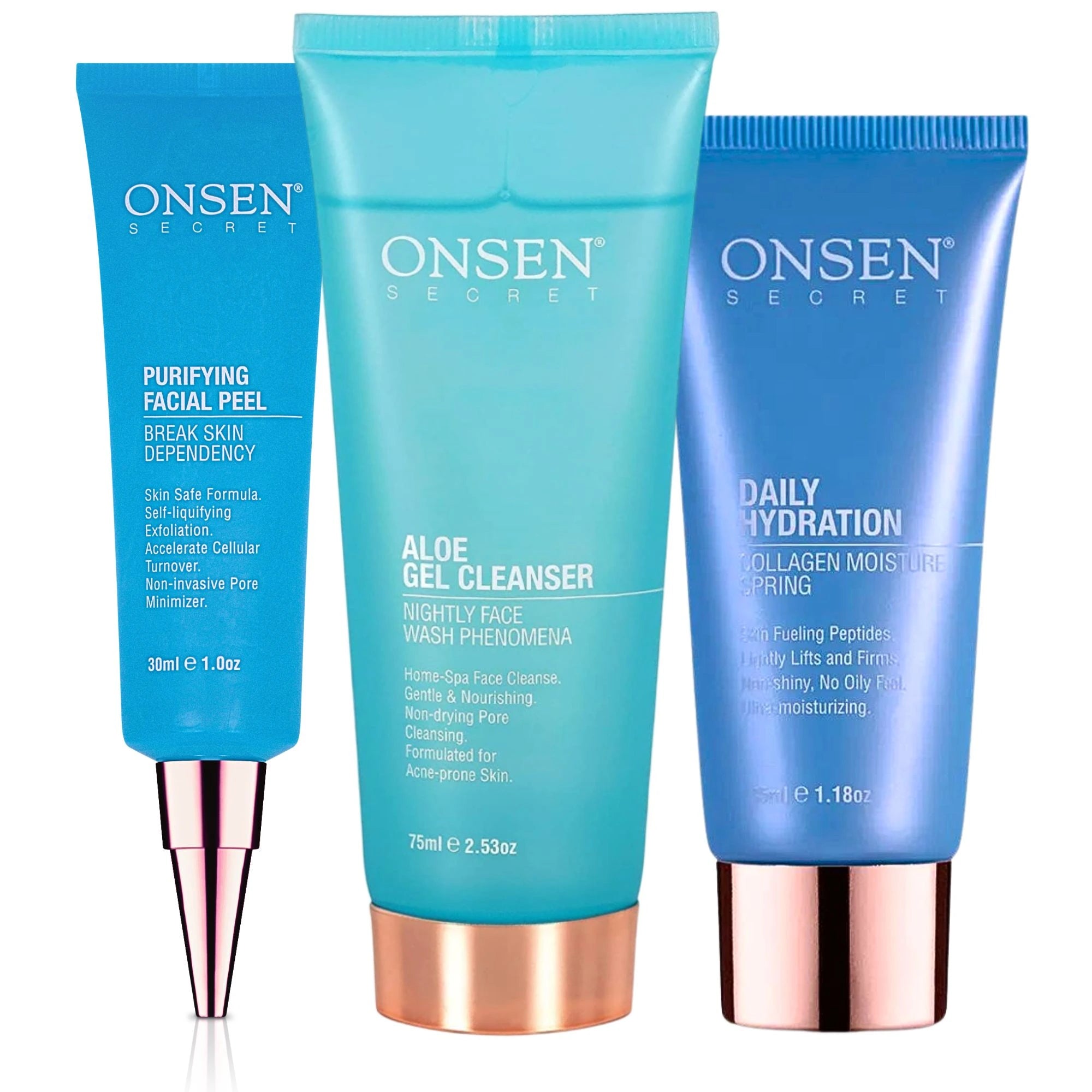 A set of three skin care products from Onsen Secret, including a daily hydration moisturizer, purifying facial peel, and aloe gel cleanser.