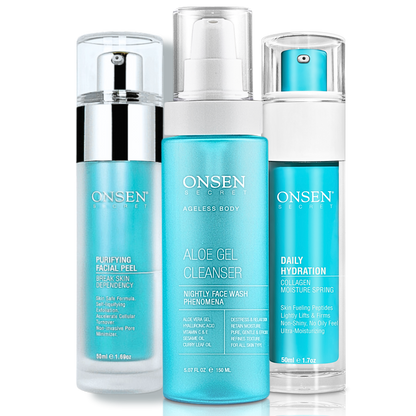 A set of three skin care products from Onsen Secret, including a daily hydration moisturizer, purifying facial peel, and aloe gel cleanser.
