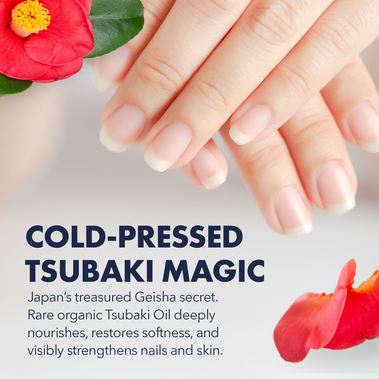 Close-up of hands with polished nails and a red flower, promoting &