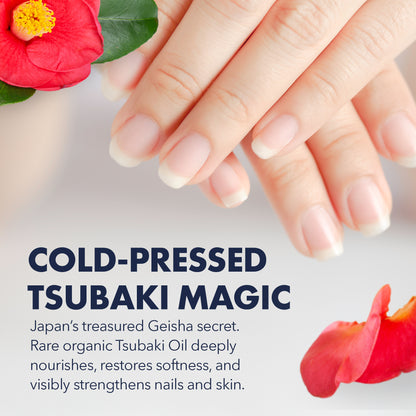 Close-up of hands with polished nails and a red flower, promoting &