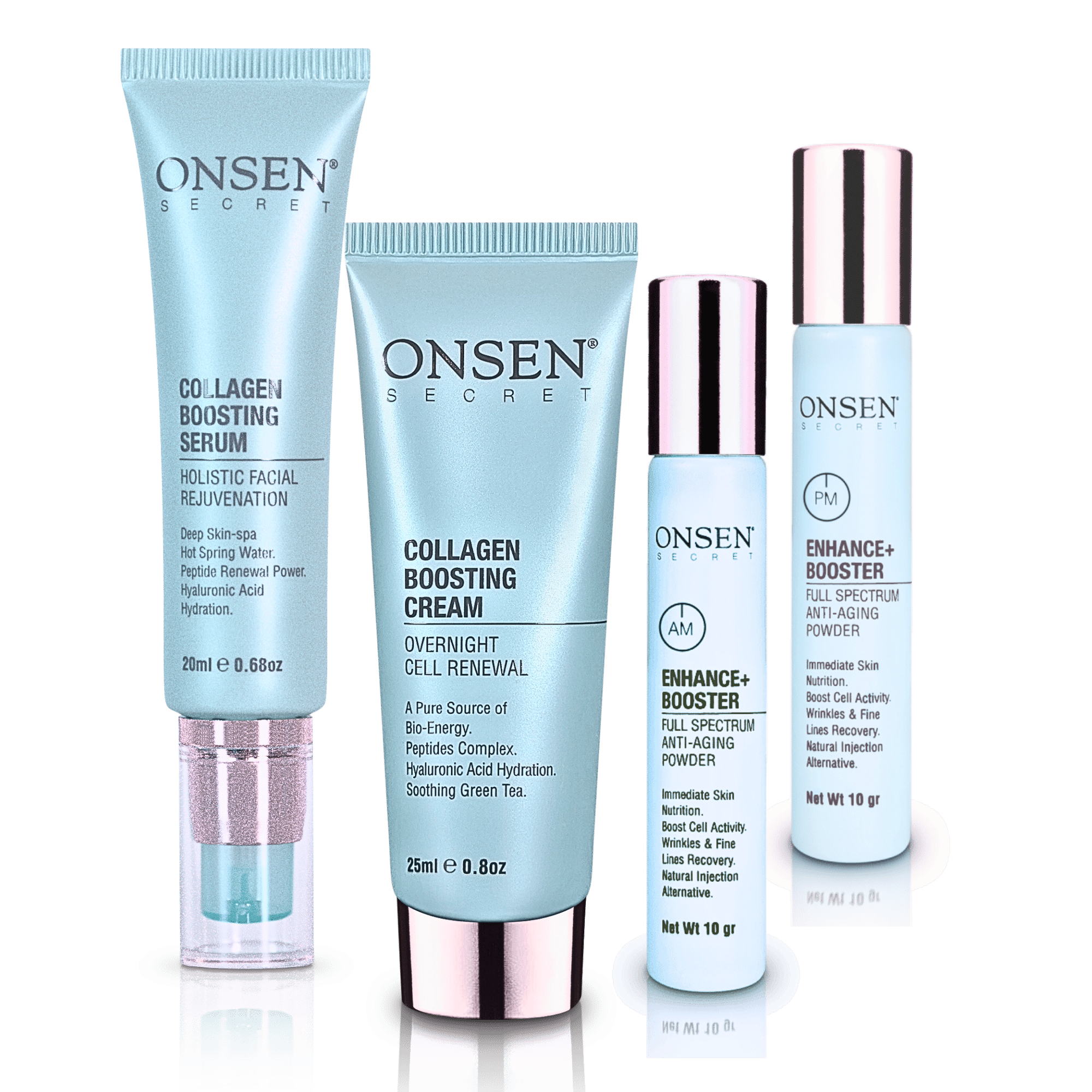 A collection of four skin care products from Onsen, including a serum, cream, and two boosters, each in light blue packaging with the brand name and product description clearly displayed.