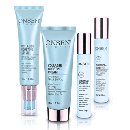 A collection of four skin care products from Onsen, including a serum, cream, and two boosters, each in light blue packaging with the brand name and product description clearly displayed.