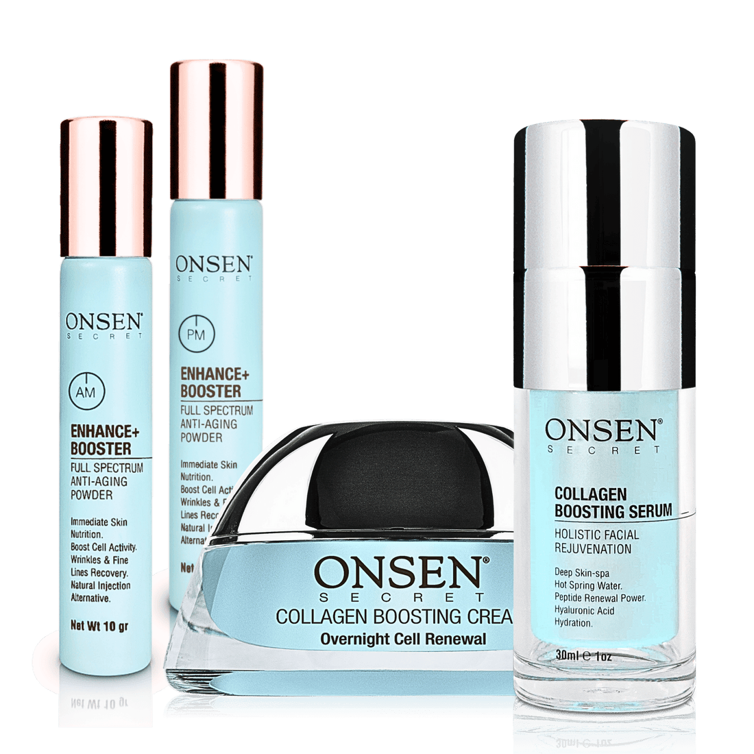 A collection of four skin care products from Onsen, including a serum, cream, and two boosters, each in light blue packaging with the brand name and product description clearly displayed.