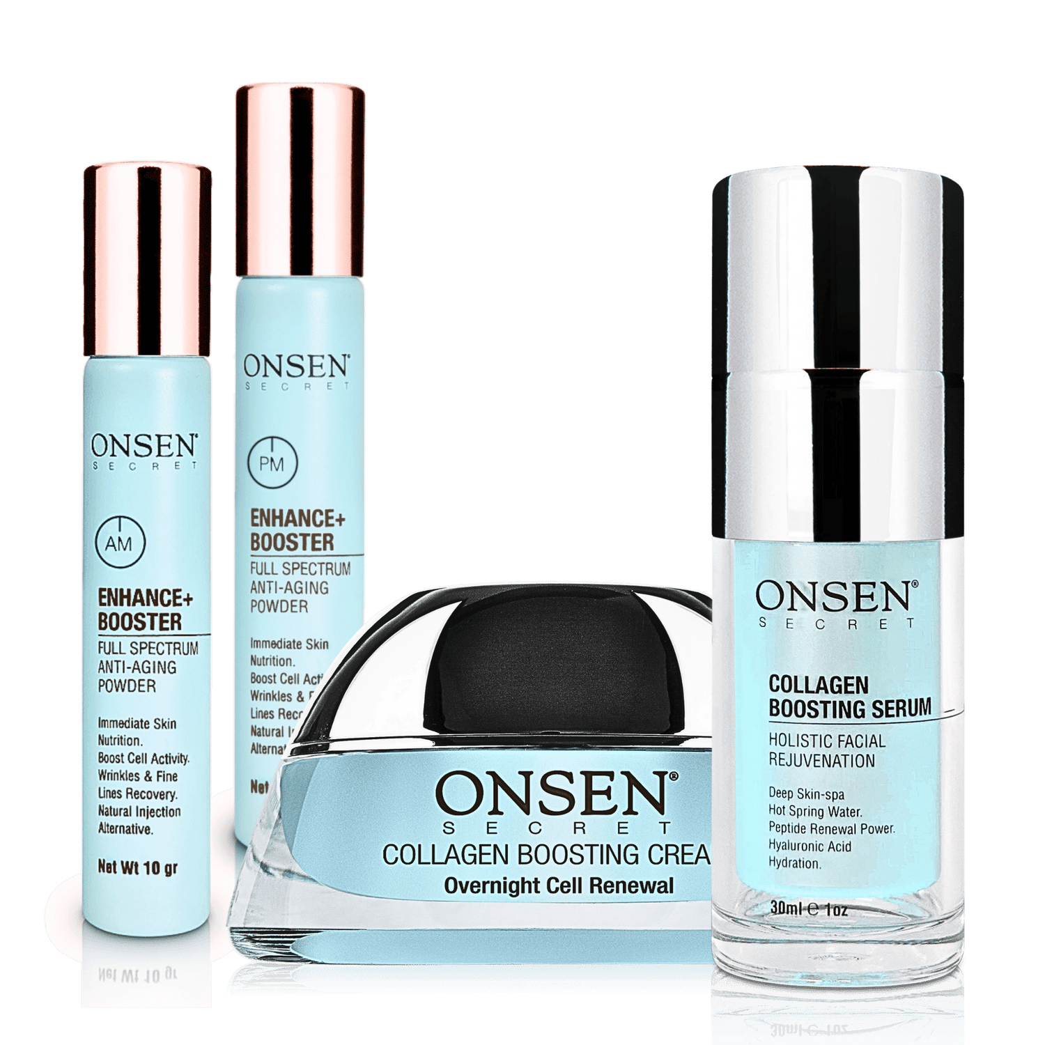 A collection of four skin care products from Onsen, including a serum, cream, and two boosters, each in light blue packaging with the brand name and product description clearly displayed.