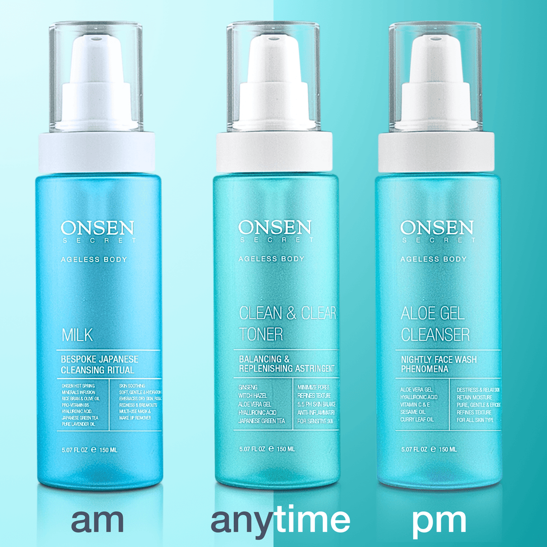 Three bottles of ONSEN brand skincare products, labeled as &