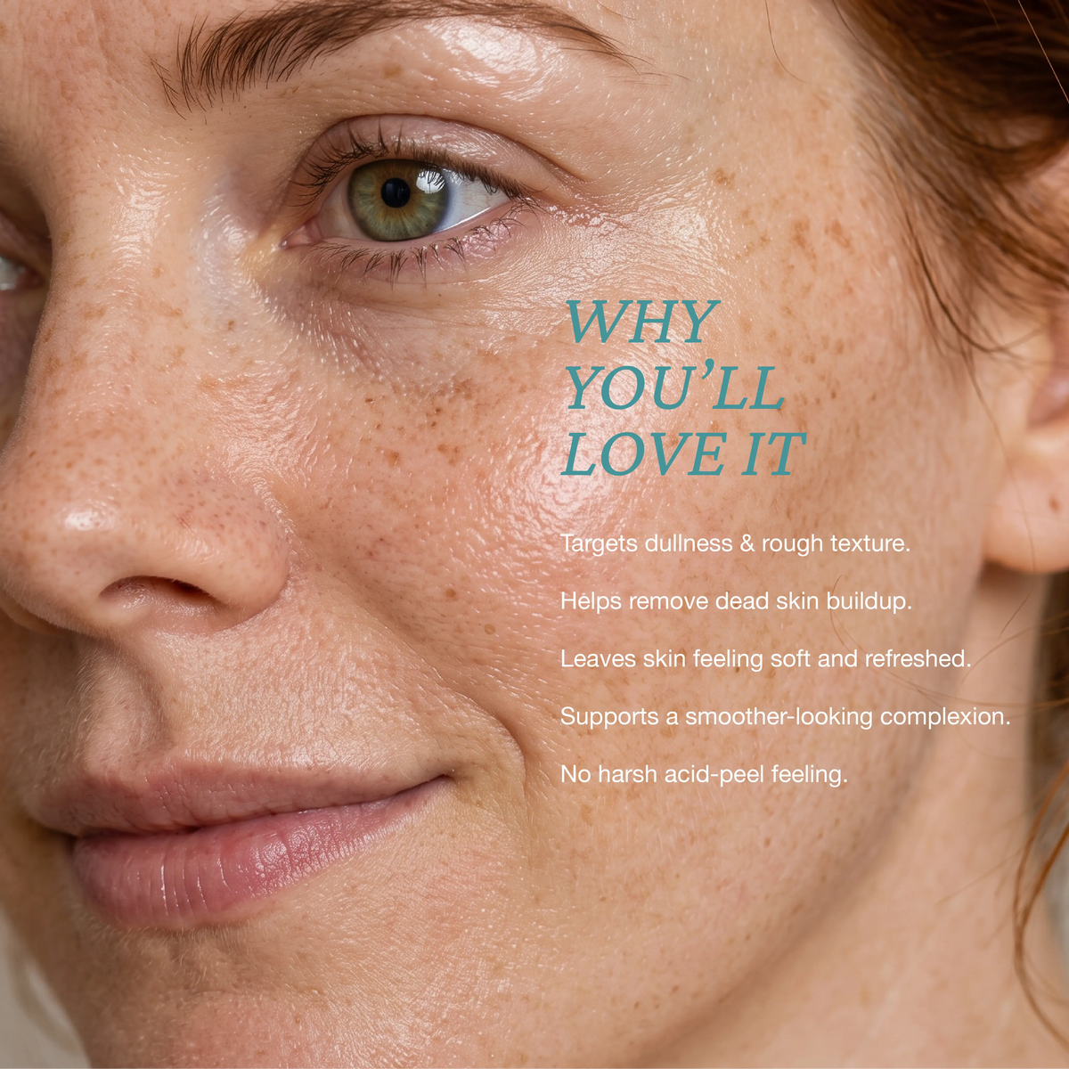 Onsen Secret Purifying Facial Peel skincare ad close‑up showing smooth hydrated skin with freckles and product benefit highlights.