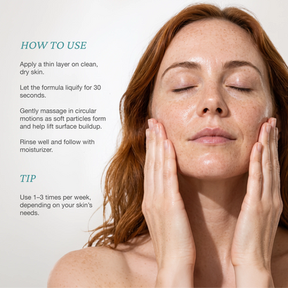 Onsen Secret Purifying Facial Peel usage guide, model massaging face with product application steps.