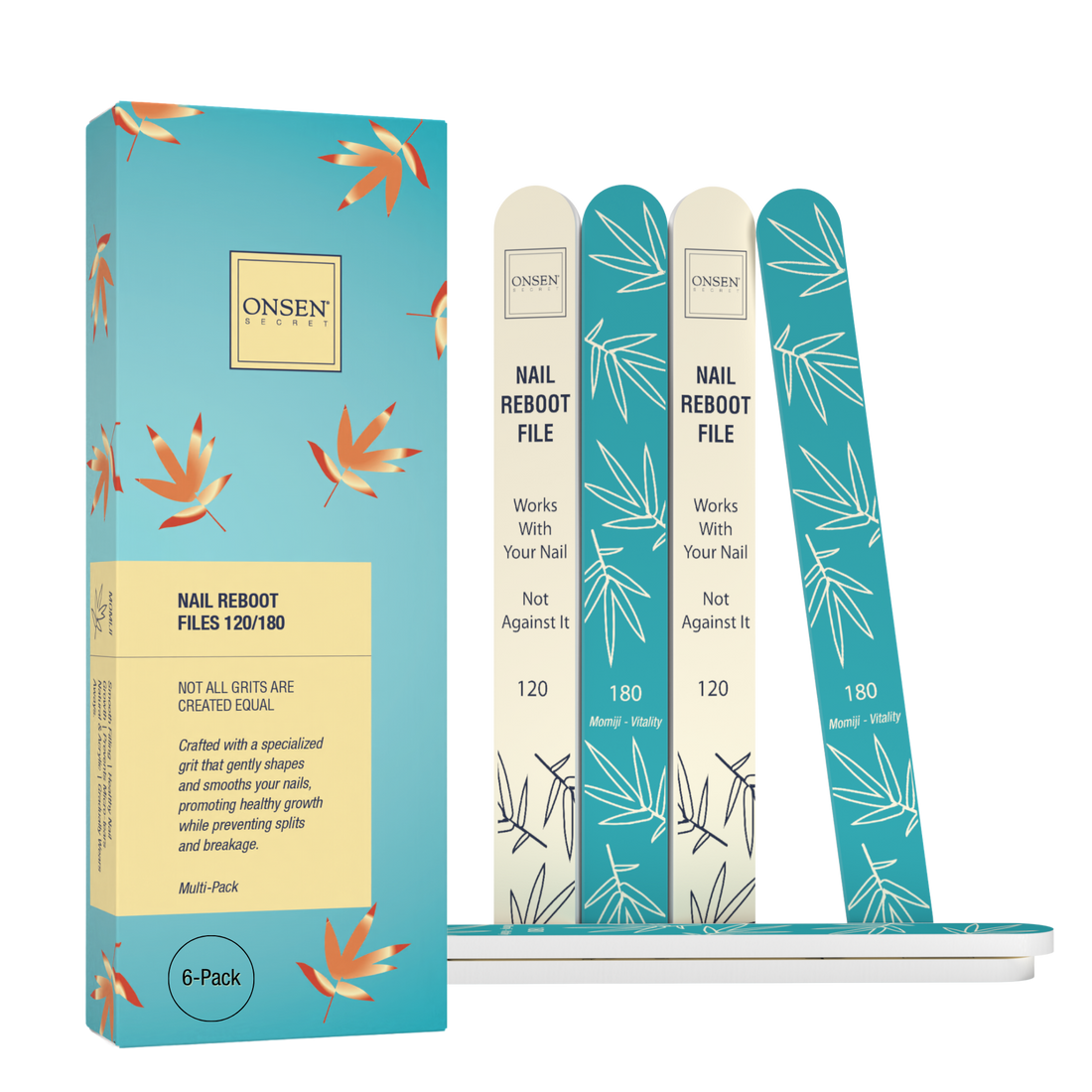A pack of six nail files with a floral pattern, displayed alongside their packaging which has a matching design.