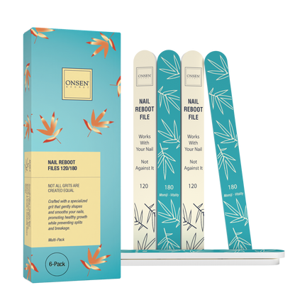 A pack of six nail files with a floral pattern, displayed alongside their packaging which has a matching design.
