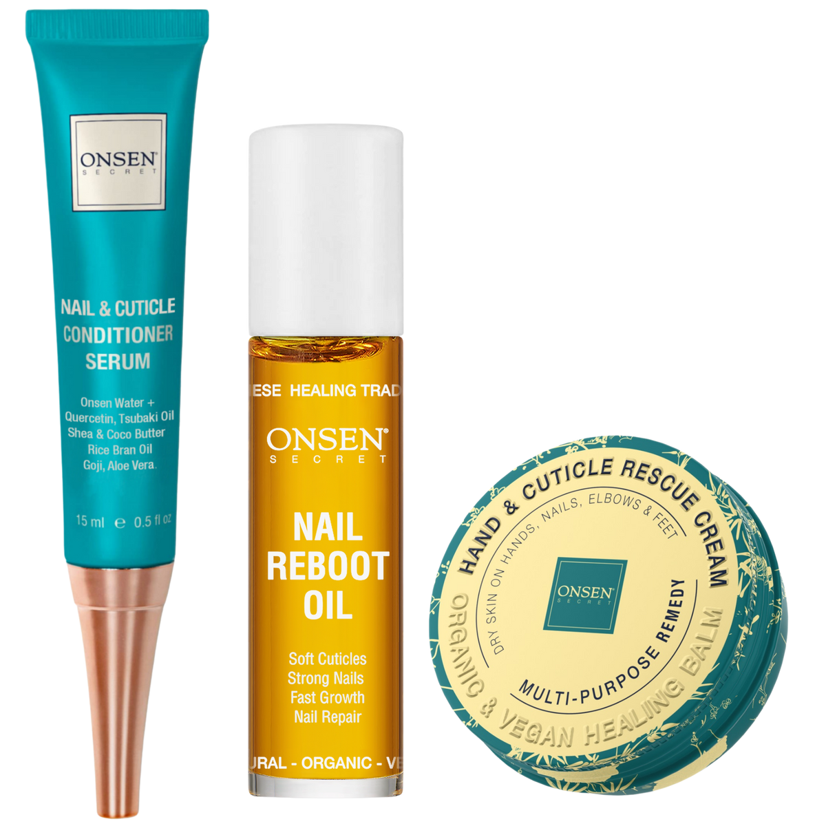Onsen Secret nail care products including serum, oil, and cream on a white background