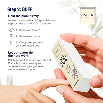 Onsen Secret nail buffer being used with text on how to use it