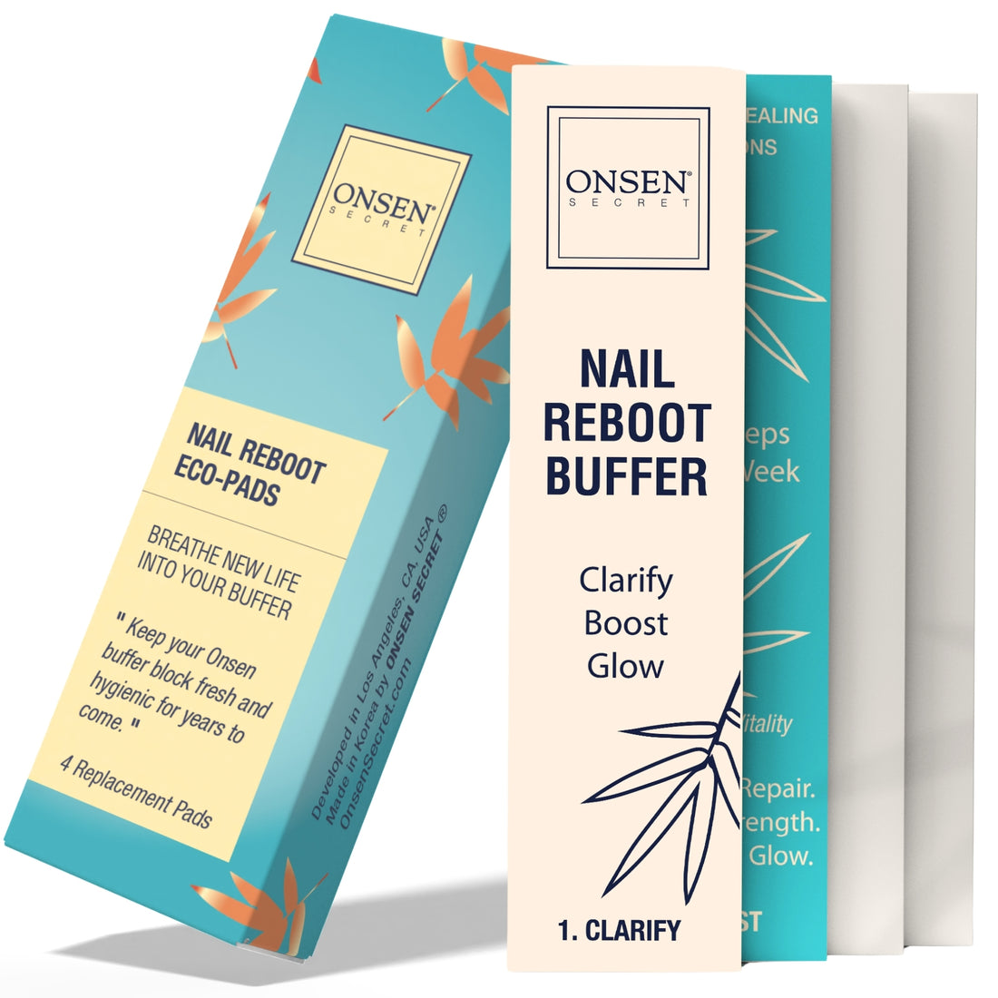 Packaging of Onsen Secret Nail Reboot Eco-Pads with blue and orange design, and a set of nail buffer pads visible.