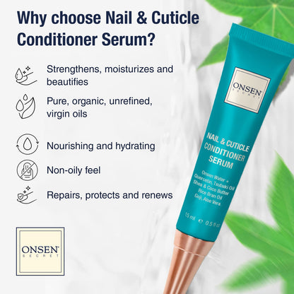 Onsen Secret nail and cuticle conditioner serum with benefits listed on a light background