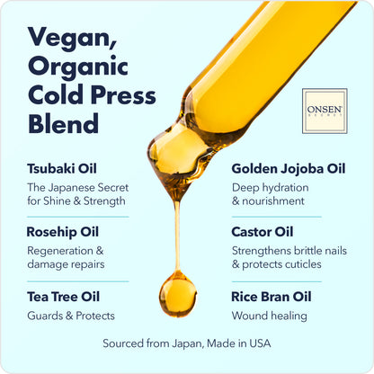Onsen Skincare vegan, organic cold press blend with oil droplet and product name on light blue background