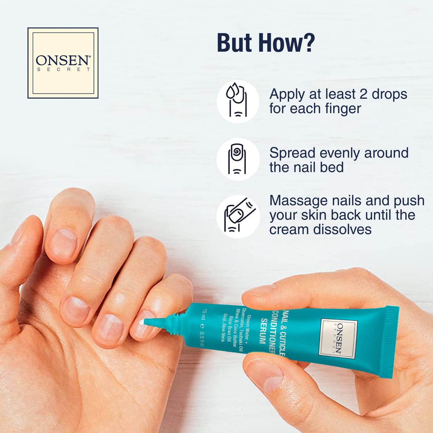 Onsen Secret nail care product with application instructions on a white background